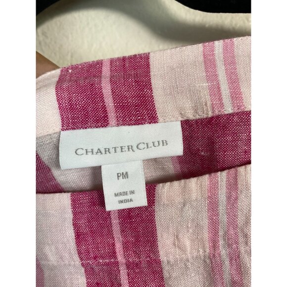 Charter Club Pink White Striped Linen Blouse size Medium Petite Lagenlook Bell S - Picture 3 of 13